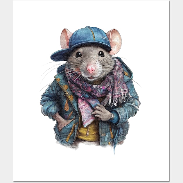 Rat wearing a jacket cap and a scarf Wall Art by JnS Merch Store